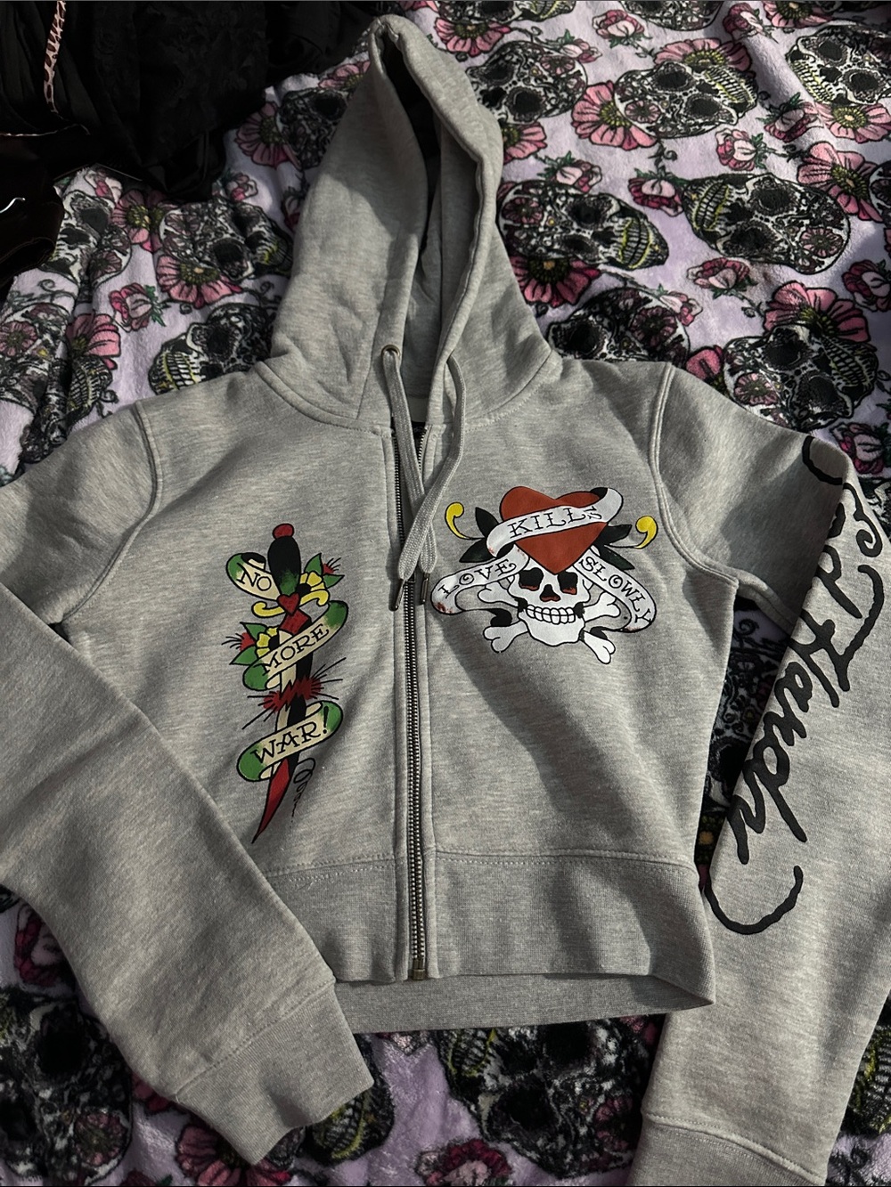 Ed Hardy Grey Zip-Up Hoodie with Skull & Dagger Graphics